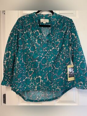 Sea Teal Floral V-Neck Blouse - Women